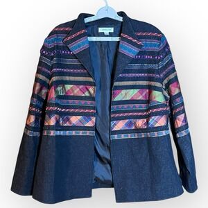 Black Denim Artsy Ribbon Embellished Western Jacket Women 16 Coldwater Creek